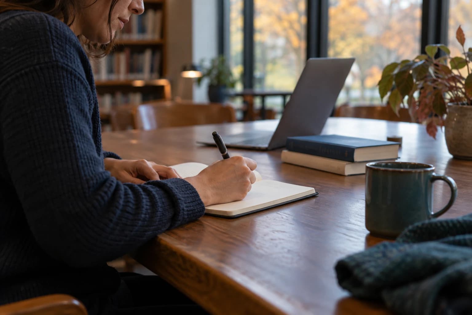 An adult learner taking notes beside a window
