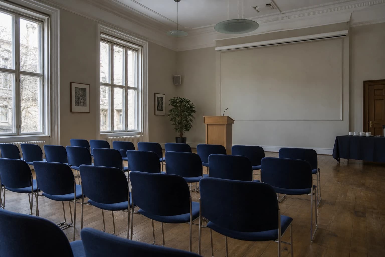 A conference room prepared for professional exchange