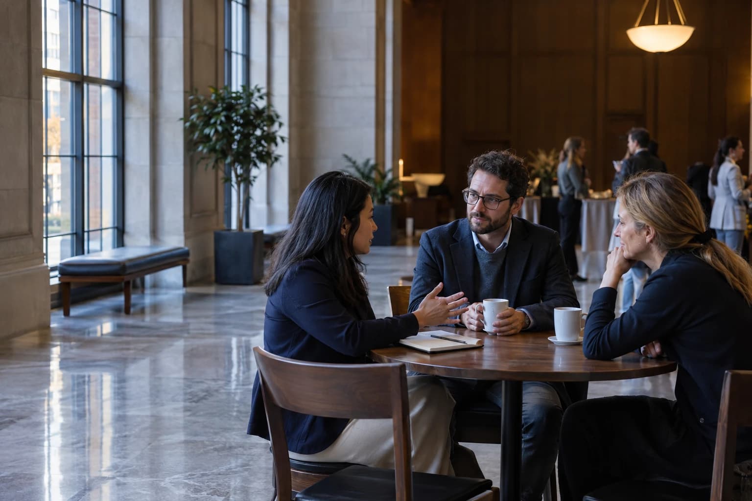 Illustrative photograph of professionals exchanging ideas during a conference break