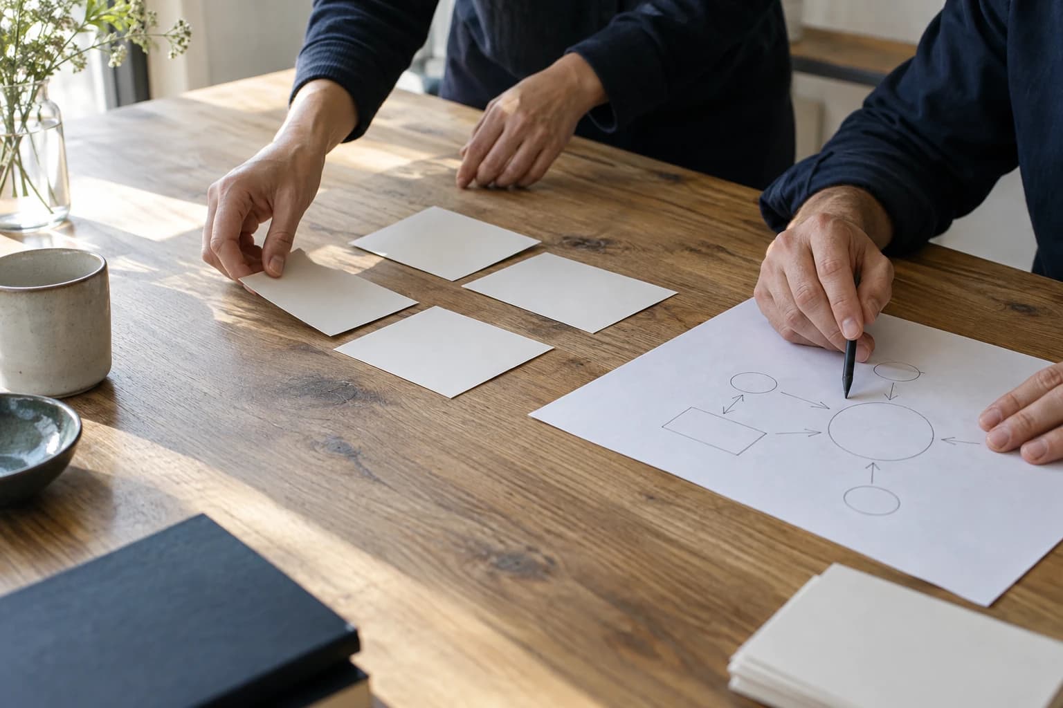 Colleagues working through ideas on paper