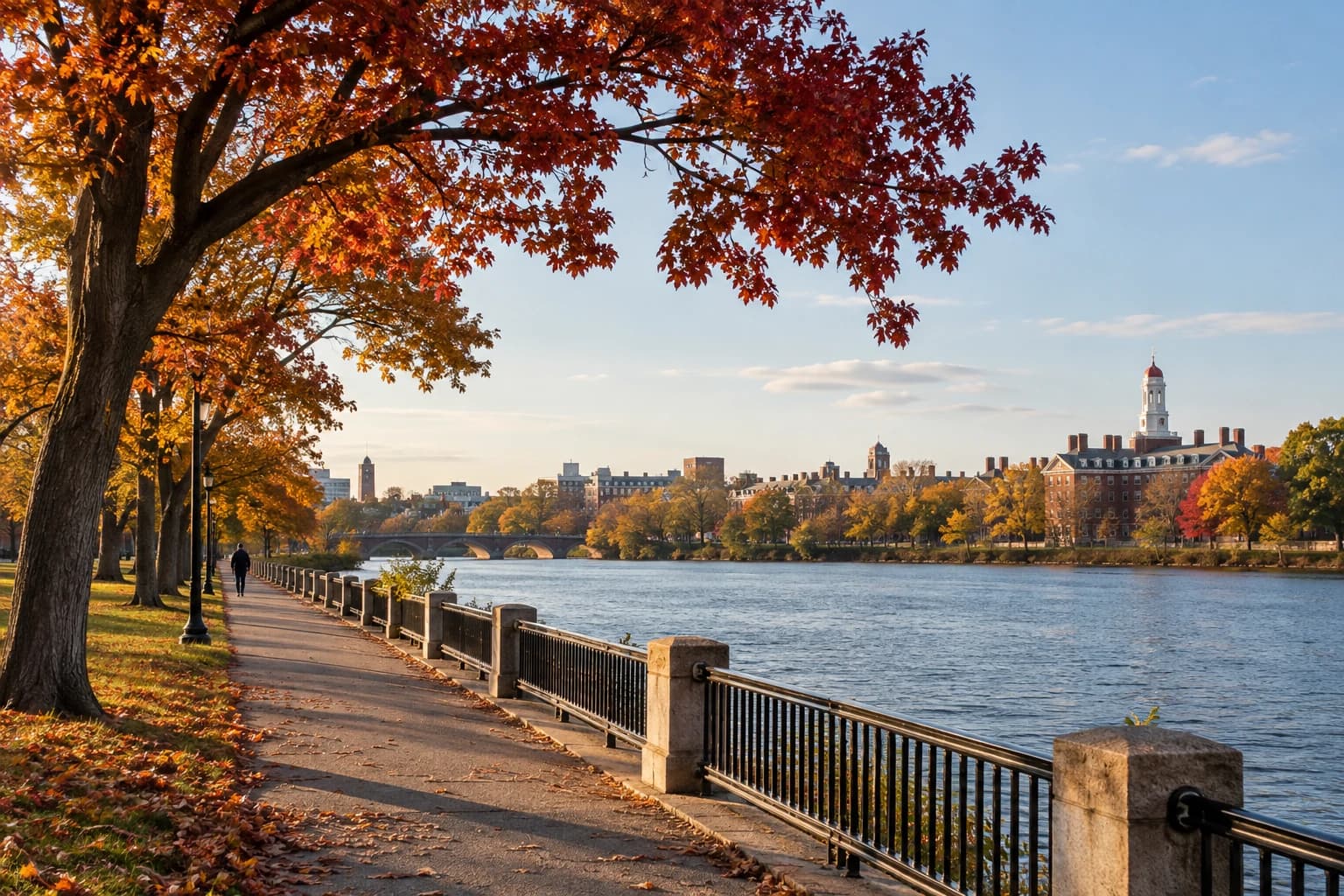 An autumn riverside path leading toward an academic neighborhood