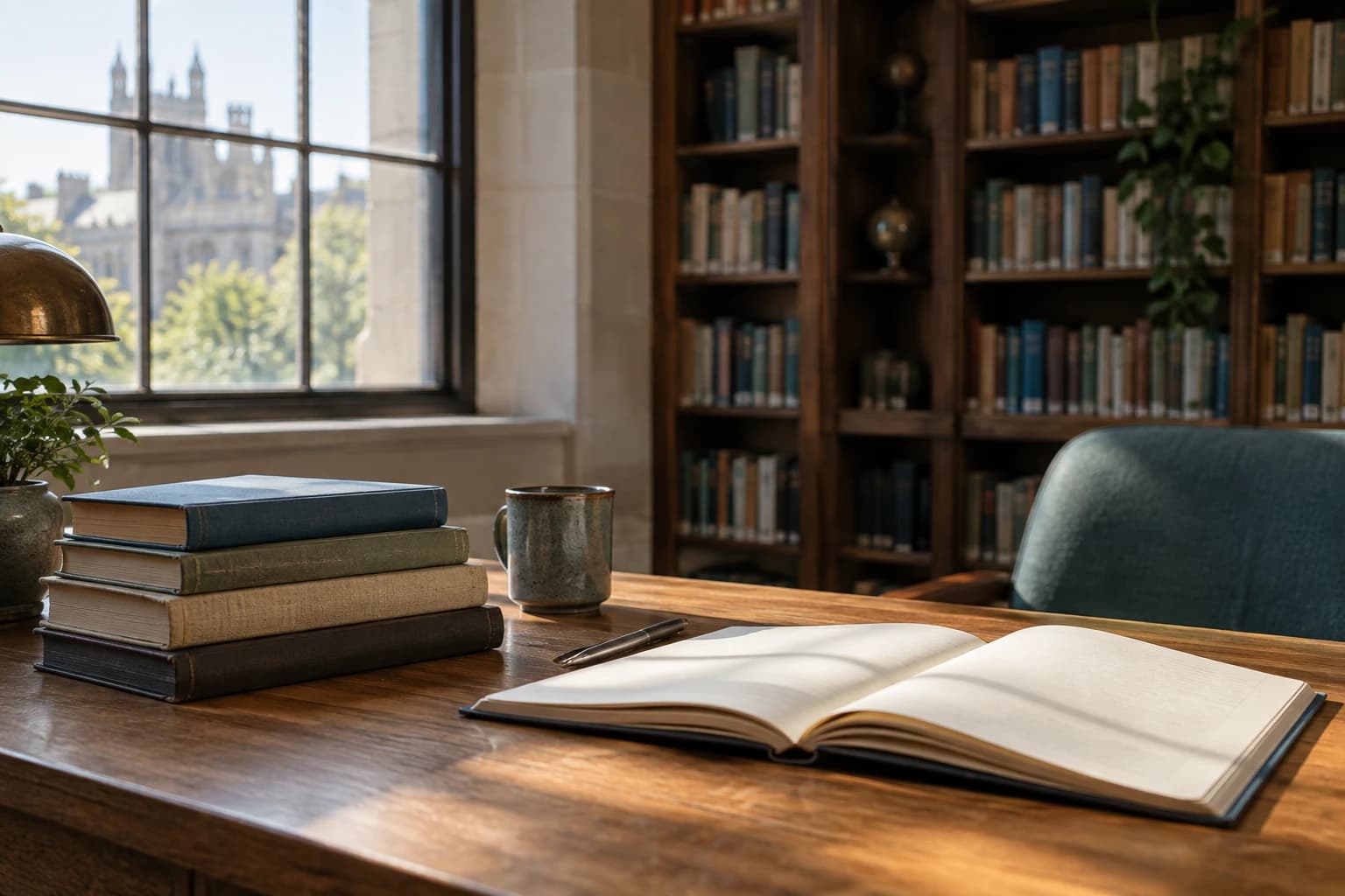 Books and an open notebook in a quiet reading room