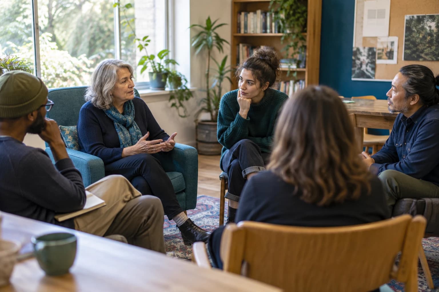 Adults of different ages in a thoughtful community conversation